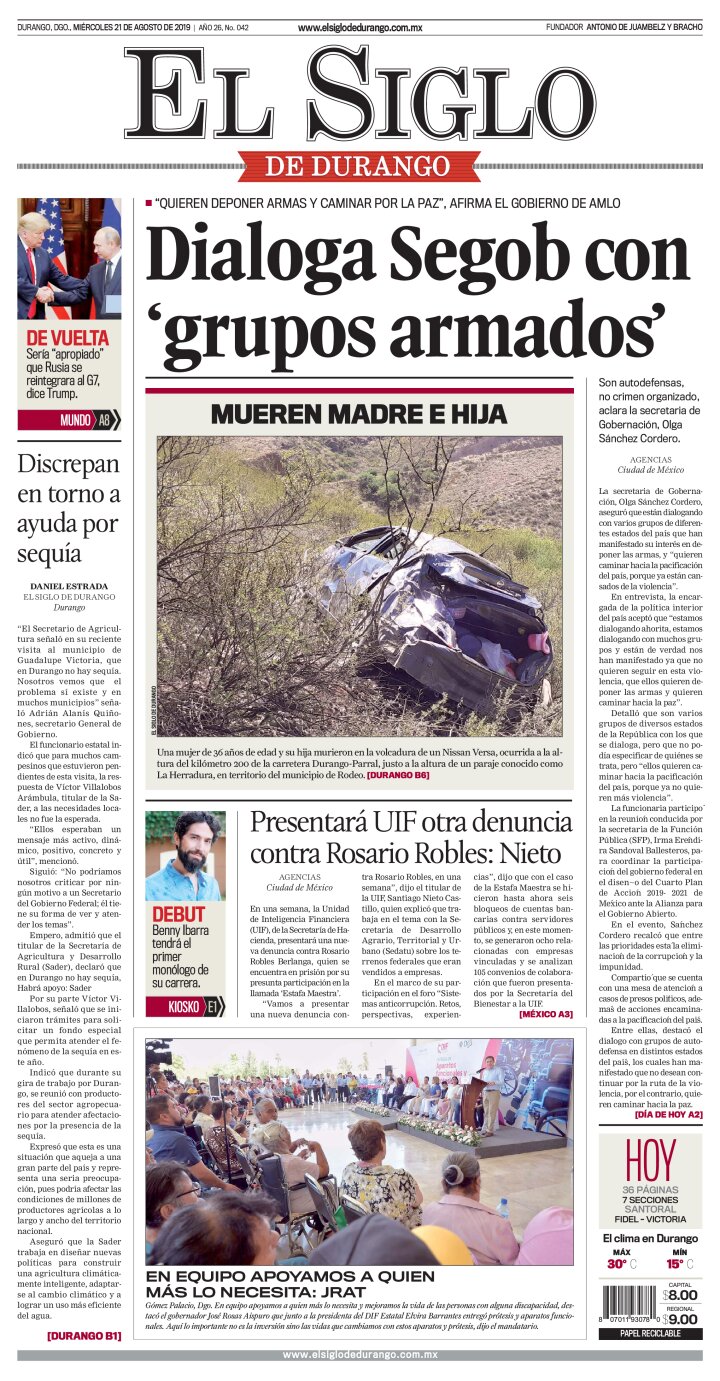 Edición impresa de El Siglo de Durango, sábado 18 de mayo de 2024