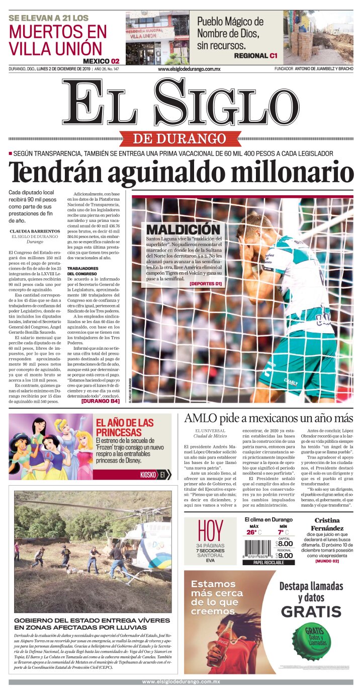Edición impresa de El Siglo de Durango, lunes 29 de abril de 2024