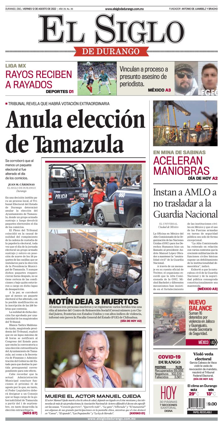 Edición impresa de El Siglo de Durango, sábado 13 de agosto de 2022