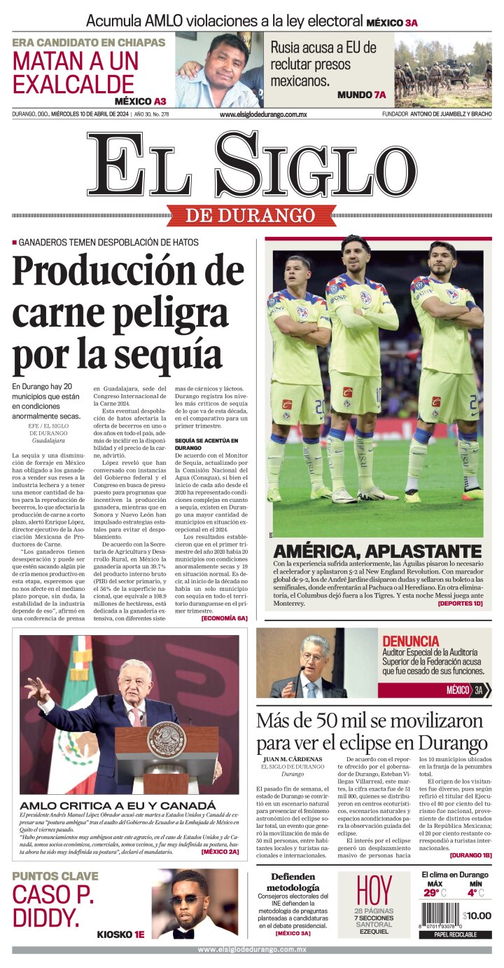 Edición impresa de El Siglo de Durango, lunes 29 de abril de 2024