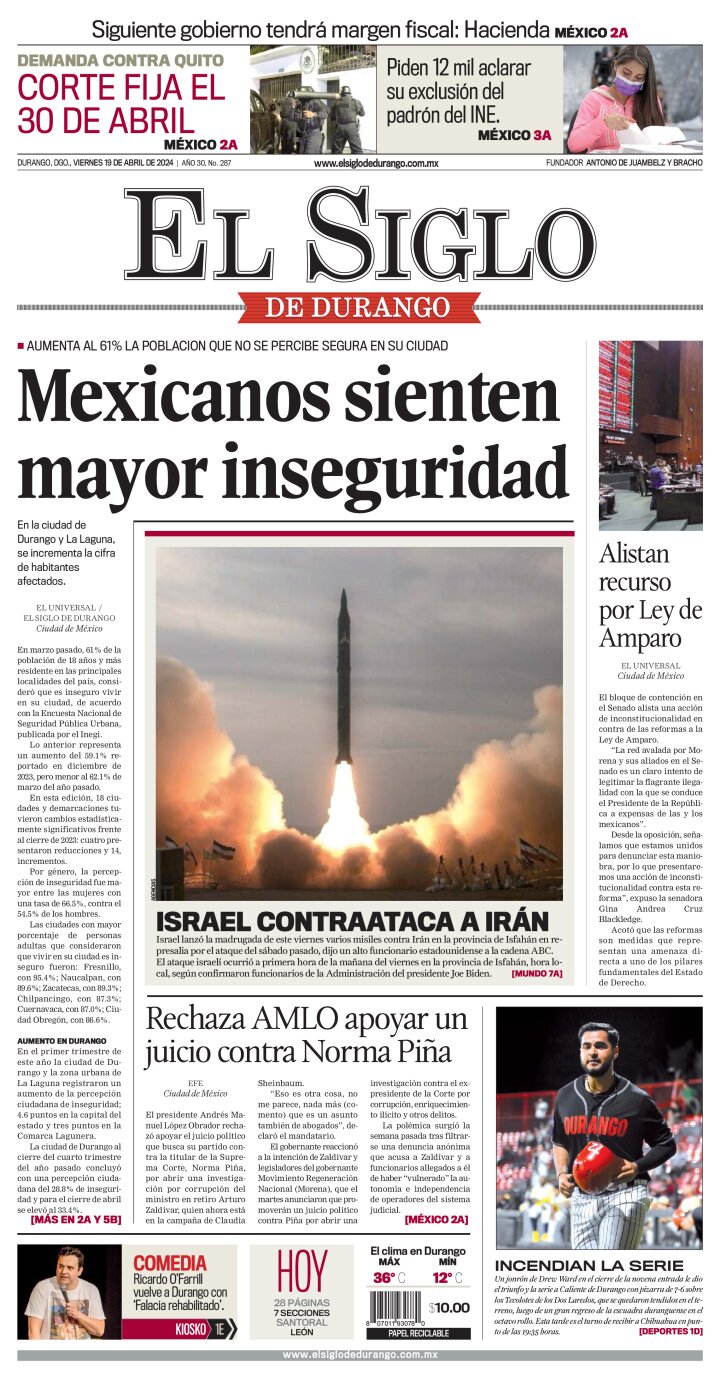 Edición impresa de El Siglo de Durango, sábado 20 de abril de 2024