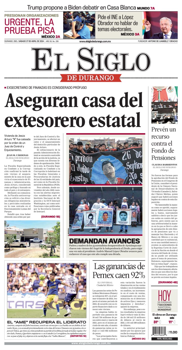 Edición impresa de El Siglo de Durango, domingo 28 de abril de 2024