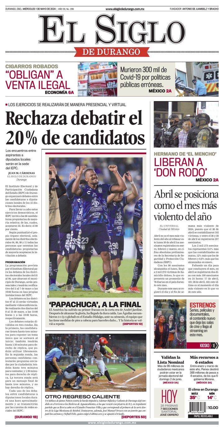 Edición impresa de El Siglo de Durango, jueves  2 de mayo de 2024