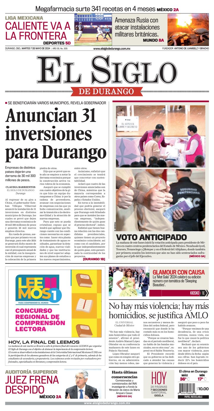 Edición impresa de El Siglo de Durango, miércoles  8 de mayo de 2024