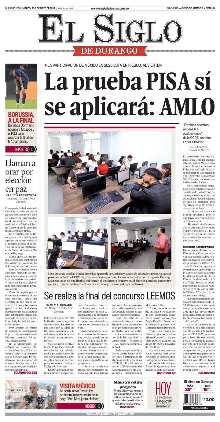 Edición impresa de El Siglo de Durango, jueves 30 de mayo de 2024