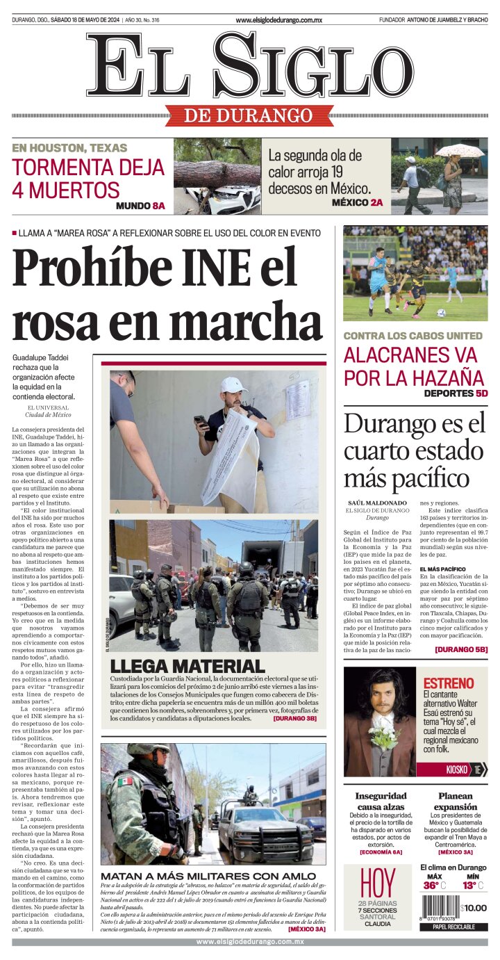 Edición impresa de El Siglo de Durango, domingo 19 de mayo de 2024