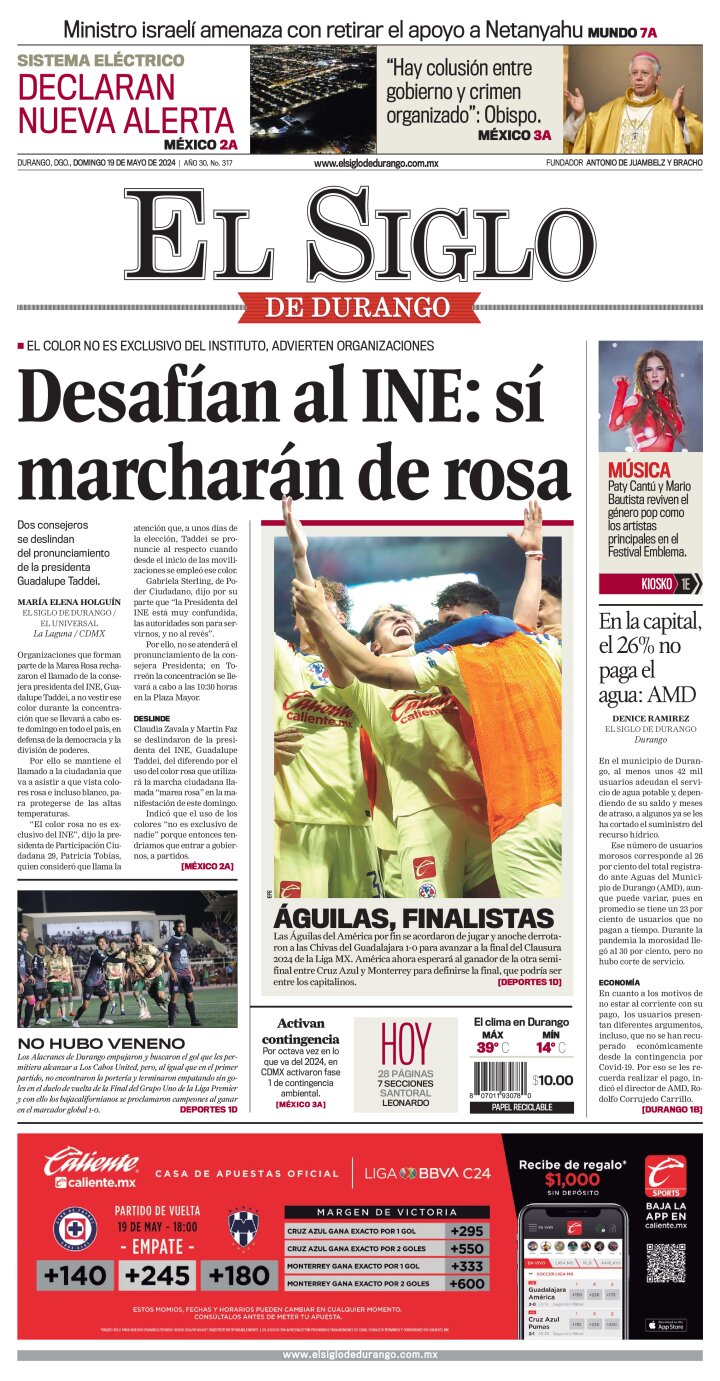 Edición impresa de El Siglo de Durango, lunes 20 de mayo de 2024