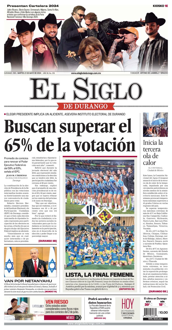 Edición impresa de El Siglo de Durango, martes 21 de mayo de 2024