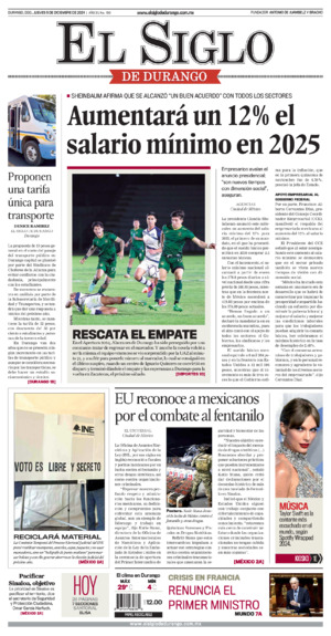 Edición impresa dde El Siglo de Durango, domingo  9 de noviembre de 2025