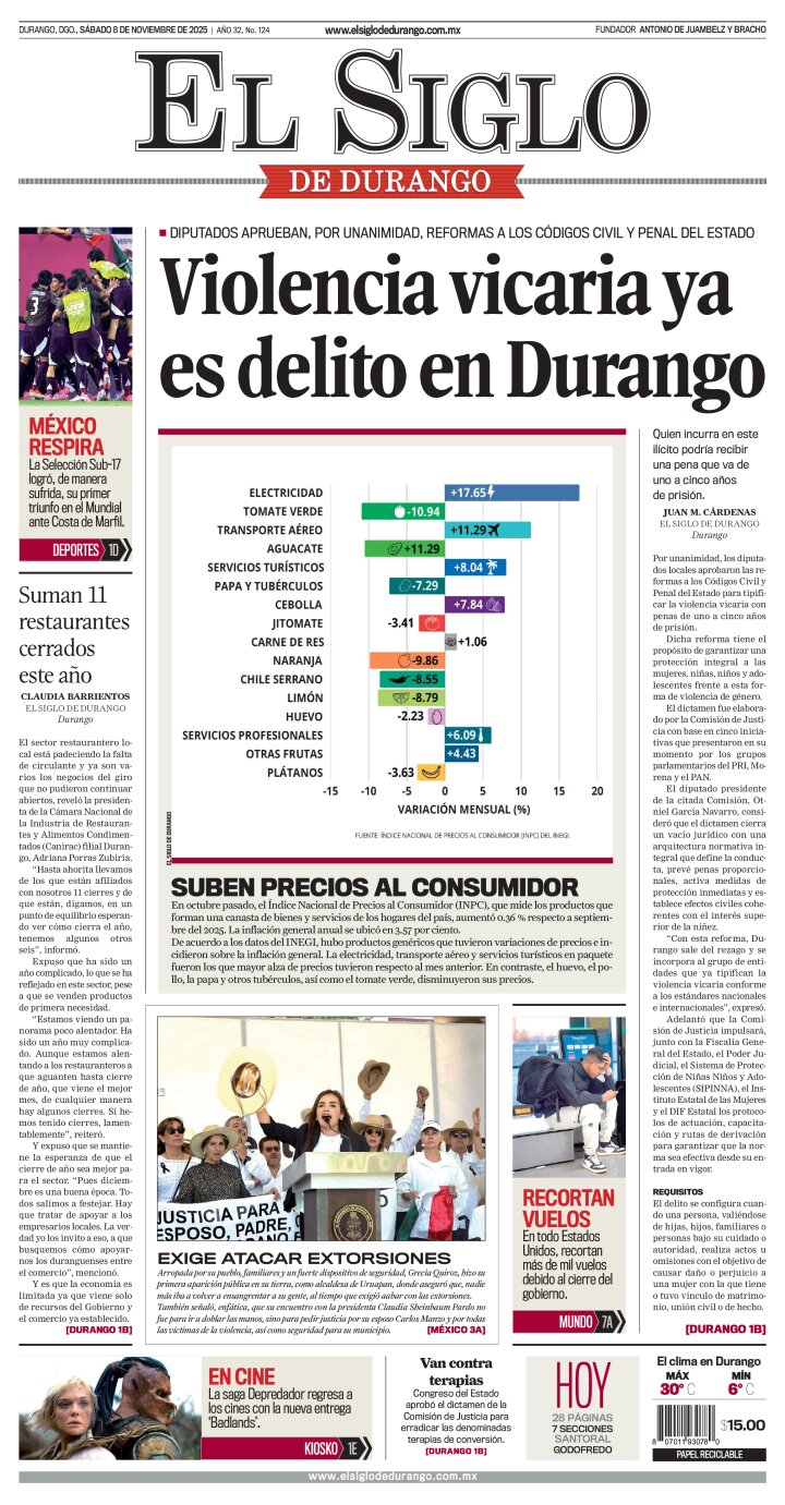 Edición impresa de El Siglo de Durango, sábado  8 de noviembre de 2025