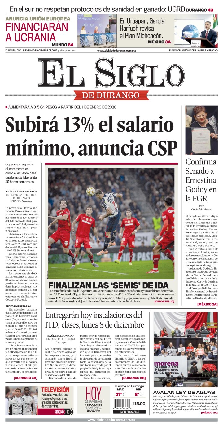 Edición impresa de El Siglo de Durango, jueves  4 de diciembre de 2025
