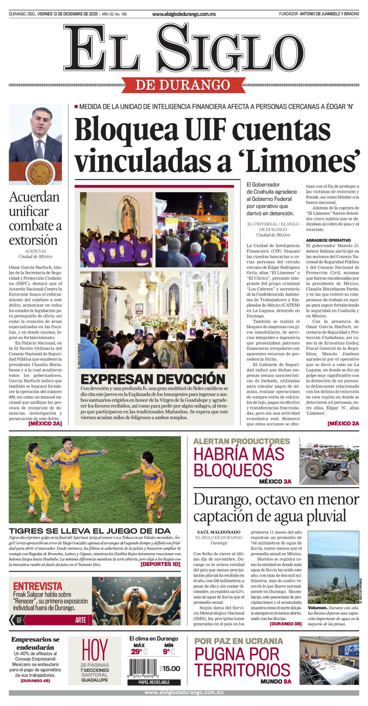 Edición impresa de El Siglo de Durango, viernes 12 de diciembre de 2025